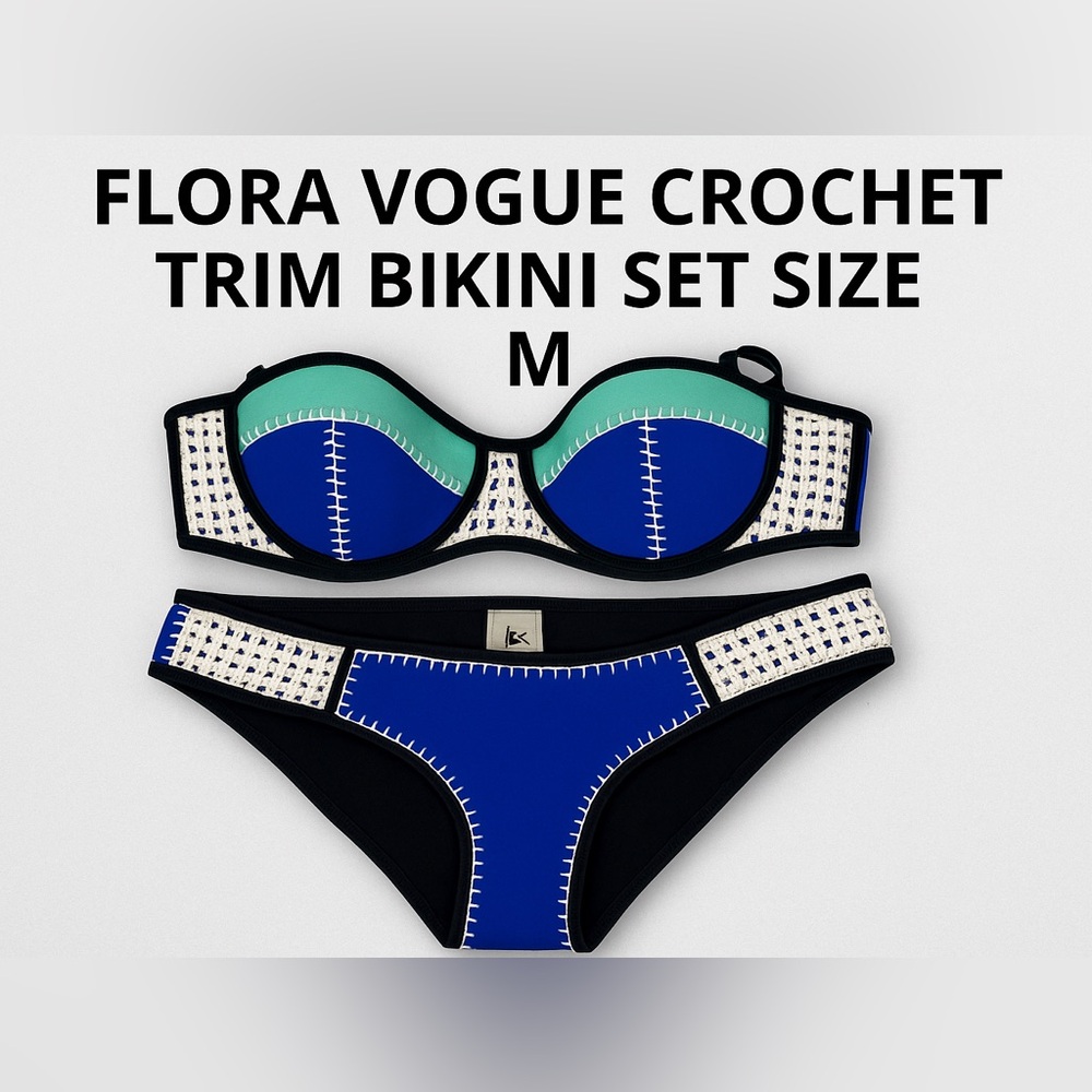 Flora Vogue Crochet Trim Bikini Set Blue Green Black Padded Top Size M Swimwear